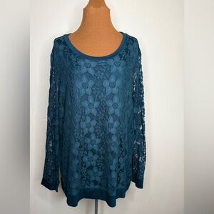 Adrianna Papell Teal Floral Lace Overlay Long Sleeve Pullover Blouse Size XXL